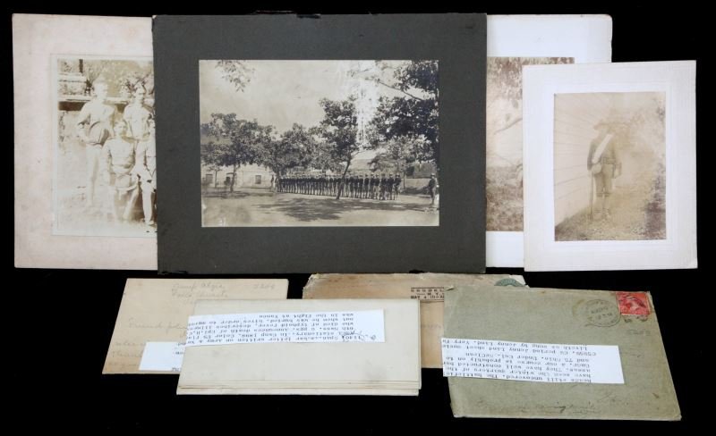 SPANISH-AMERICAN WAR PHOTOS & LETTERS GROUPING: Two pictures of the same soldier from Company L, 4th Pa. Vol. Inf. Peter Allabach Jr. Both show him in uniform with his trusty Krag rifle. Also included is a photo of Troop L, 3rd Cavalry taken in Luz