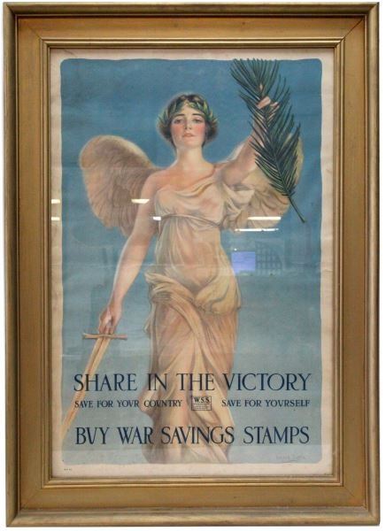 WWI SHARE IN THE VICTORY POSTER BY HASKELL COFFIN: WWI "Share in the Victory" US War Savings Stamps poster by Haskell Coffin. Measures 35 by 25 inches in frame. Very good.