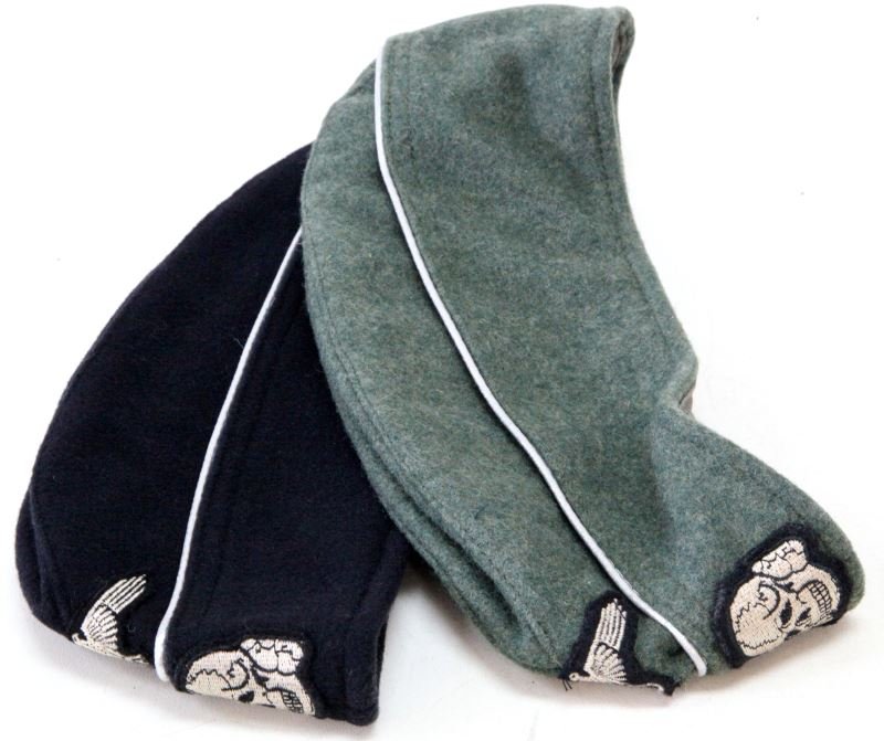 GROUP OF 2 WAFFEN SS OVERSEAS HATS ARMY AND PANZER: Light wear present to caps; overall in very good condiiton. Unauthenticated.