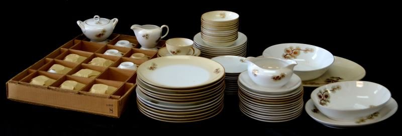 2 1959 ORIGINAL BOXES FUKAGAWA 95 PIECE CHINA SET: With a date of 1959 on the original shipping label, the set is complete in two boxes except for one coffee cup. Fukagawa Arita Pinecone, consists of 12 dinner plates, 12 salad plates, 11 teacups, 1 sm