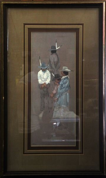 INTERMISSION JEROME RICHARD TIGER PRINT 1110/1500: Jerome Richard Tiger (1941-1967) Creek-Seminole painter signed Native American print. Titled "Intermission," capturing a moment of rest between stomp dances (prayer in motion). Signed to lower right,