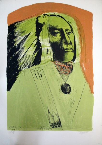 LEONARD BASKIN SIGNED AP HIGH BEAR STANDING ROCK: Leonard Baskin (American, 1922-2000) signed Artist Proof, 1973. Titled "High Bear Standing Rock Sioux", numbered 620 to bottom right. Pencil signed to lower right. Paper press mark to underside. Measu