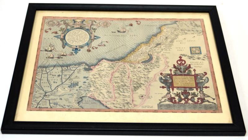 MAP OF THE HOLY LAND, FROM ABRAHAM ORTELIUS 1570: Framed modern copy of the original Map of the Holy Lands 1570 From Abraham Ortelius - Theatram Orbis Terrarum. In good condition.
