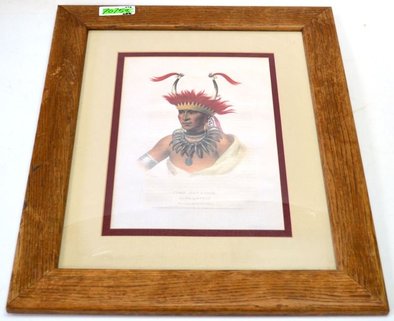 PORTRAIT OF OTTO INDIAN HALF CHIEF LITHOGRAPH: In a 2 1/2 inch wood frame the lithograph of Otto Indian half-chief Chon-Man-I-Case. Marked as painted by C.B Heng, and published in Philadelphia by E.C Buddle. The Painting illustrates a diplomatic a