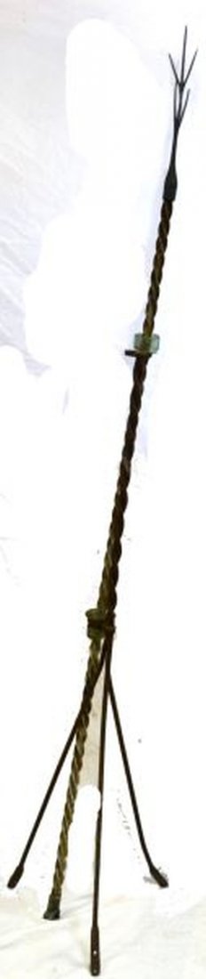 ANTIQUE IRON TREE OF LIFE TWISTED LIGHTNING ROD: Antique lightning rod, made of iron, with 2 aqua glass insulators. Twisted design with 5-spike screw-on tree branch finial. Natural weathered patina, rust and oxidation. Does not stand completely stra