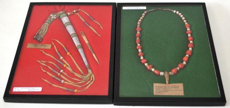 NATIVE AMER AWL CASE & CORAL TRADE BEAD NECKLACE: Native American artifacts, lot of 2. Includes: Northern Plains Sioux beaded Awl case with small awl (needle), and an early blood coral and glass trade bead necklace with stag pendant to center (site #