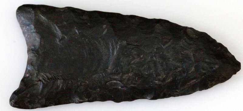 NORTHEAST ALABAMA JET BLACK CHERT PALEO ARROWHEAD: Double fluted basal ground point, provenanced near Lookout Mtn. Alabama, 2.25 inch in length, from a long time collector some of the pieces acquired during 1940's.