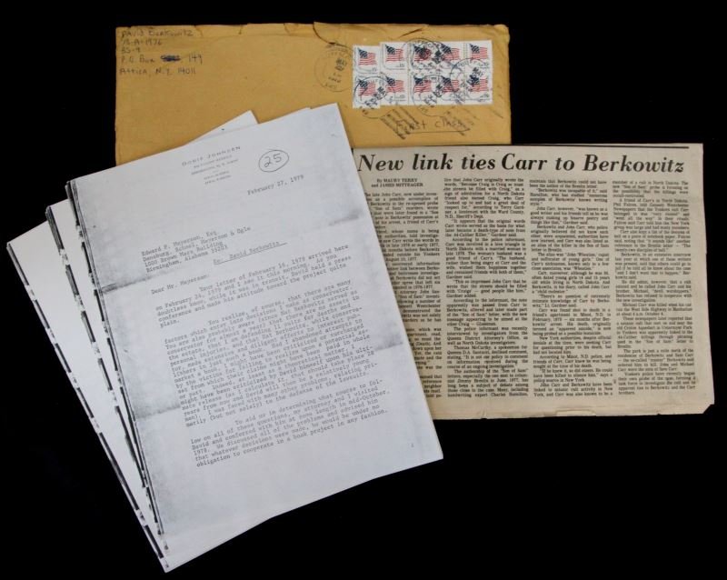 SON OF SAM BOOK PAPERWORK DAVID BERKOWITZ 1979: included in this lot of informational photocopies sent from David Berkowitz to Dee Channel in late May 1979 are correspondence from Seth Rubenstein, P.C. and Doris Johnsen to David (Son of Sam killer)