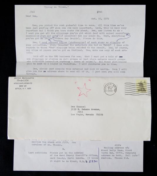 LETTER FROM DAVID BERKOWITZ ABOUT TED BUNDY OTHERS: A typed letter by David Berkowitz dated (Oct. 15, 1979) and numbered (#041) addressed to Dee Channel. With original envelope. The letter is typed on the reverse of a photocopy of two Newspaper article