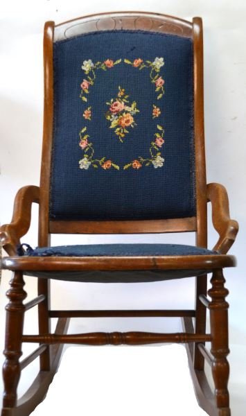 VICTORIAN LADIES WOODEN EMBROIDERED ROCKING CHAIR