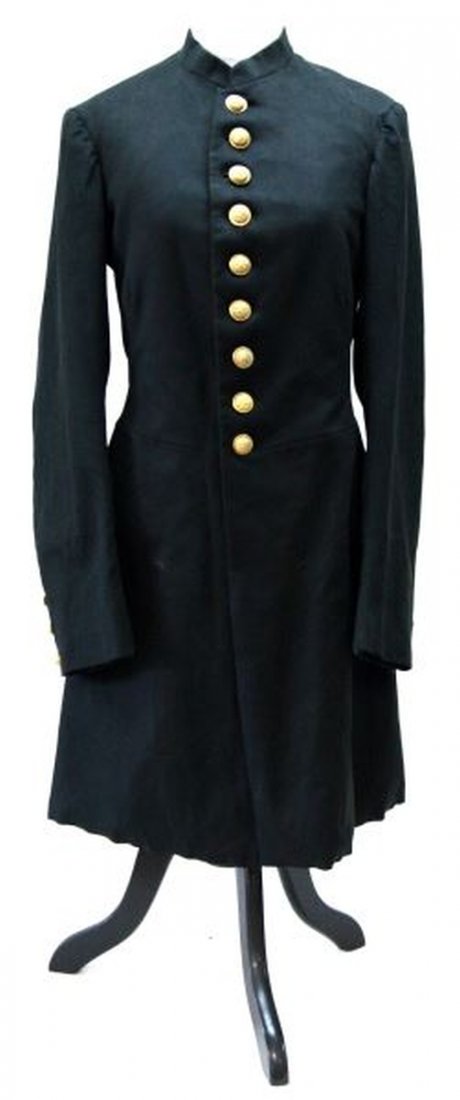 POST CIVIL WAR 1866 LINE OFFICER FRONT FROCK COAT: 1866 Original General Staff, just pre-dating Indian Wars, Front Frock Coat, all Waterbury pre 1865 general Staff buttons to front, sleeves and tail, period private purchase quality tailored coat, exte
