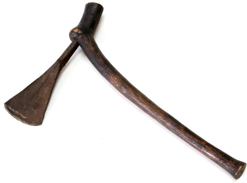 ANTIQUE WESTERN AFRICA DECORATED IRON WAR AXE: Incised wood and iron blade, well crafted fighting piece.
