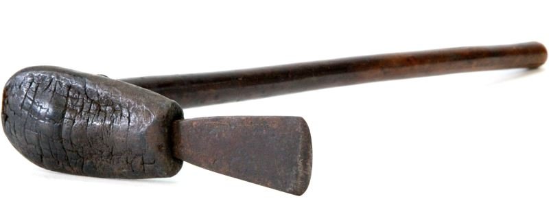 ANTIQUE AFRICAN FLAT BLADE TURTLE FOOT WAR AXE: Turtle foot supports the forged iron blade, olive wood shaft, measures 16 inches,