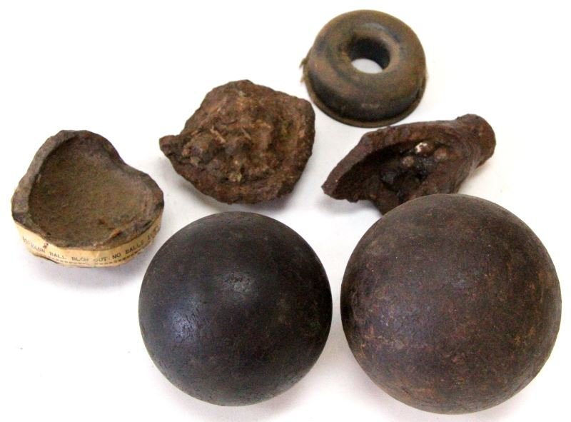 CIVIL WAR CANNON BALL LOT 12 4 BORMANN 5 PIECES: Two complete balls and two partial Bormann's and a grape shot piece.