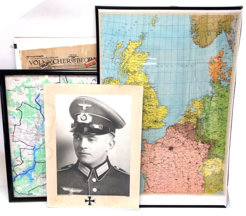 COLLECTION OF WWII ALLIED & GERMAN MAPS NEWSPAPER: Includes the first edition 1945 Berlin Occupation map, German wall map of the war area, German Heer Iron Cross hero photograph, and two German Third Reich interest newspapers.