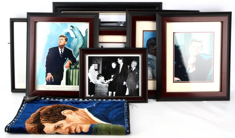JOHN F KENNEDY MEMORABILIA & PHOTO LOT ALL FRAMED: JFK memorabilia and photo lot of 9. Includes JFK giving a speech (talking picture), photo of Kennedy with wife Jackie and 2 kids (John and Caroline), "This Country is moving ..... and it must not stop