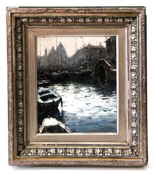 KEN HOWARD GRAND CANAL VENICE OIL ON BOARD: Early Ken Howard oil painting depicting the Grand Canal in Venice. Board is mounted in a bronze colored frame. Item measures approximately 15.5 by 17.5 inches framed and 12 by 10 inches without frame.