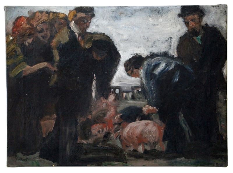 WALTER RICHARD SICKART PAINTING CROWD WITH PIGS: Unauthenticated Walter Richard Sickert (1860-1943) oil on stretched canvas depicting a crowd of people standing around pigs. Measures approximately 22 by 16 inches. Signature "Sickart" on the bottom l
