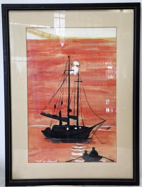 ORIGINAL SIGNED WATERCOLOR OF SAILBOAT BY JAN: This is an original signed and framed watercolor of a sail boat. The artwork is signed by JAN. The painting uses a textured paper. The painting has yellowed over time, but is in very good condition. T