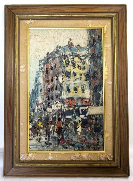 ORIGINAL SIGNED OIL PAINTING S. KRAMER CITYSCAPE: This is an original painting by Dutch artist, Simon Kramer. The painting depicts a European city scene. The artist uses thick layers of paint to create texture in his work. The painting is in the orig