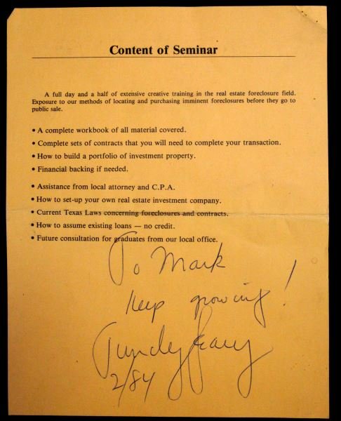 TIMOTHY LEARY AUTOGRAPH 1984: Real estate siminar page signed at bottom "To Mark Keep Growing! Timothy Leary", guaranteed authentic according to terms.
