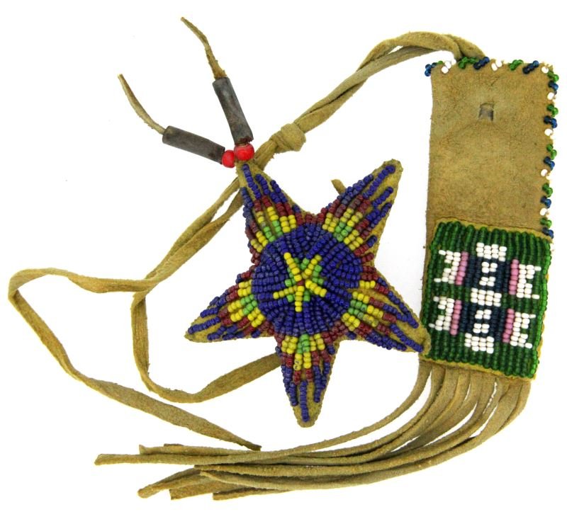 RESERVATION ERA NATIVE AMERICAN BEADED TOYS LOT 2: Two Native American beaded toys, Reservation Era (1871-1928). One is a leather bag with tassels and beaded design to front, one is a beaded star with metal beads to end. From private collector. Very g