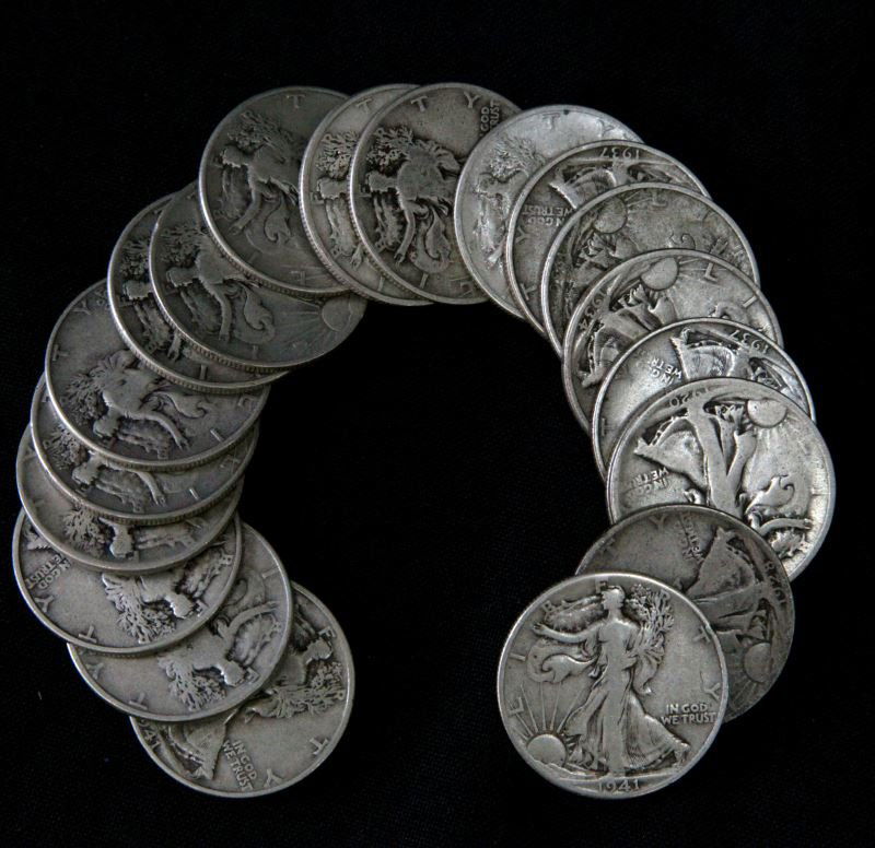 WALKING LIBERTY SILVER HALF DOLLAR ROLL OF 20 GOOD: Included is a 1920, 1928-S, 5 coins from the 1930’s, and the rest 1940’s with a good mix of dates and lots of mint marks noted, nice looking circulated lot with most in VG – F condition, $10 fac