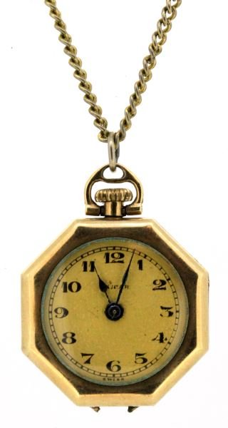 ANTIQUE LADIES ENICAR GOLD FILLED PENDANT WATCH: Dial marked Enicar. Octagonal shape 10kt yellow gold filled, Illinois Giant 20 year case, number 1460418, manufactured in 1901, measuring 27mm, corner to corner. 15 jewel stem wind and set Swiss movem