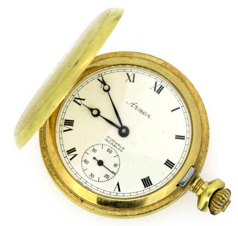 MENS GOLD PLATED ARNEX 17JEWEL POCKET WATCH: Stem wind and stem set, made by Arnex, Swiss 17 jewel movement. Gold plated triple coved case, ivory color dial, sweep second at 6 o'clock position. Bail missing.