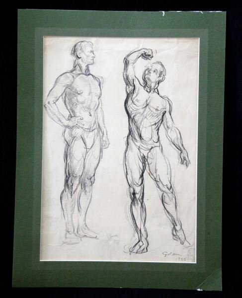 GRACE LYDIA GOLDEN CHARCOAL SKETCHES: Grace Lydia Golden (English, 1904-1993) Associate of the Royal College of Arts and illustrator. Male figure studies in charcoal on paper singed in lower right "Golden 1935". Paper measures 24 by 34 cm