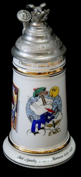 1955 PT. LYAUTEY MOROCCO USN WEATHER GUESSER STEIN: Nice Lithopane stein from little known remote weather outpost custom designed Aerographers Mate "Weather Guesser" dated 1955-57 and named, stands just under 10 inches.