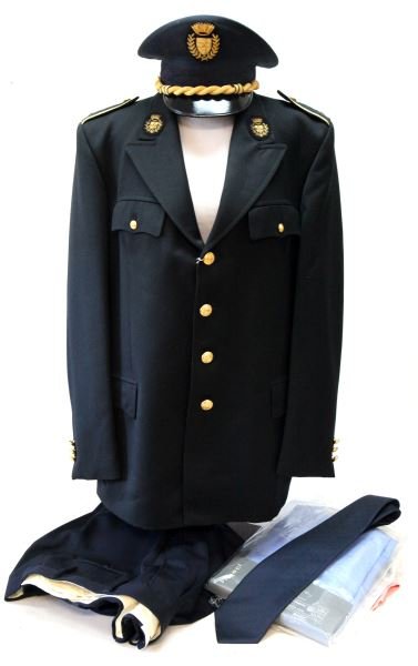 MILAN ITALY POST WAR POLICE INSPECTOR UNIFORM: Post WWII uniform that includes blazer (in small size) slacks, two Euro size 40 shirts (1 each white and blue) and two ties. Shoulder device indicates inspector status will sewn bullion pips and bulli