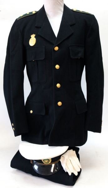 VINTAGE DENMARK POLICE FULL UNIFORM: Circa 1960's, highest quality wool tunic and trousers, free of moth damage with seeing eye of the Government buttons, shoulder straps with insignia, and badge, hat with cap badge and gloves, some slig