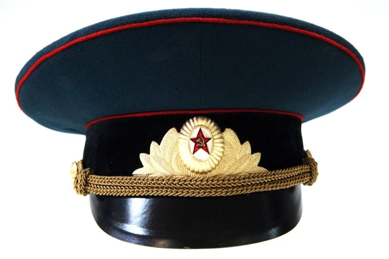 COLD WAR ERA RUSSIAN ARMOR VISOR HAT SIZE 56: Inside label marked 1981. Black velvet band with red piping. Gold cord. In very good condition showing only slight wear to inside.