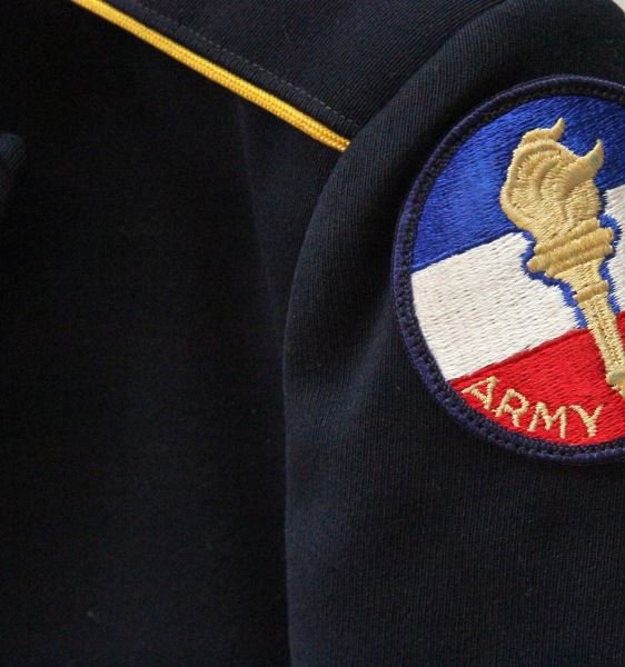 BMI BORDENTON MILITARY INSTITUTE UNIFORM LOT: Large collection of BMI uniforms, two visors with cap badges, two side caps, four different uniforms, three of which have trousers, sport sweater, sports letter, also a collection of photographs circa