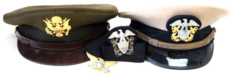 WWII US ARMY CRUSHER US NAVY HAT USCG CAP BADGES: Very nice Bancroft U.S. Army crusher visor, moth damage free, U.S. Navy officer's visor also Bancroft probably post war, non sterling badge, also a Viking Sterling and gold fill Naval officer badge, a