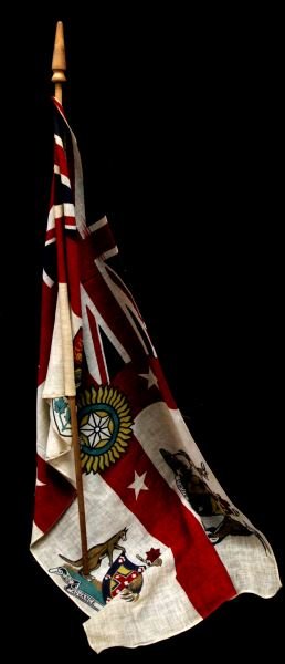 WWI BRITISH ALLIES COTTON FLAG ON HAND HELD STICK: 17 by 34 inches printed on cotton. Attached to 32 inch stick. Flag is in good condition with no tears or holes. Some yellowing has occurred to the white field and there are some print flaws but they d