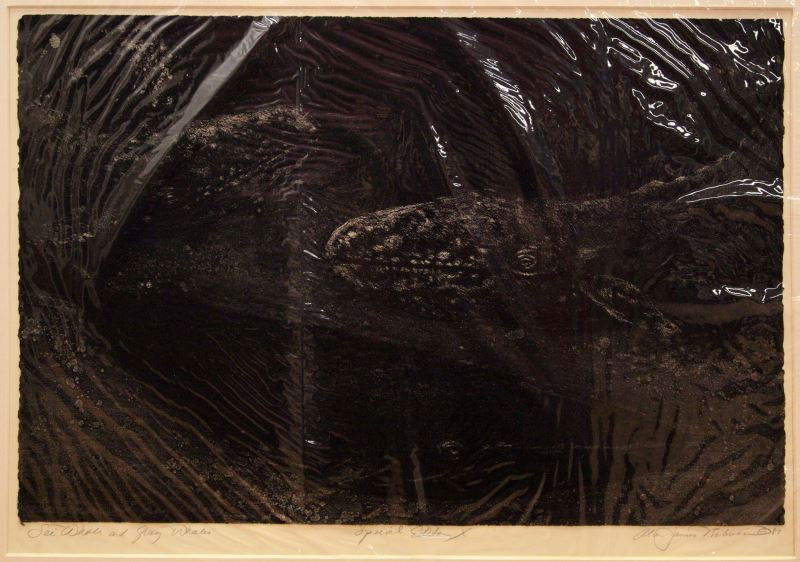ORIGINAL ALAN JAMES ROBINSON SPEACIAL EDITION LITH: Original signed grisaille lithograph by Alan James Robinson (American, b. 1950) and dated to1987. The work is titled Sei Whale and Gray Whales. The artwork has a horizontal orientation. The work is in