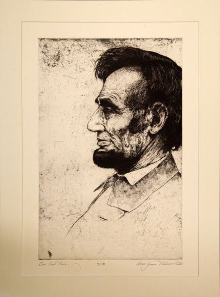 SIGNED ALAN JAMES ROBINSON ORIGINAL LITHOGRAPH: Alan James Robinson (American, b. 1950) lithograph signed and dated to1980. Numbered 3 of 50, the work is titled One Cent Piece and depict Abraham Lincoln. The work has a vertical orientation and has