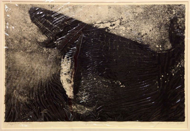 HUMPBACK WHALES BY ALAN JAMES ROBINSON LITHO 1987: Titled Humpback Whales, this is an original work by Alan James Robinson (American, b. 1950). This is a lithograph colored in grisaille and dated to1987. The work has a horizontal orientation. The work