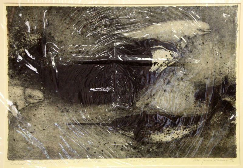BOWHEAD, BELUGA, AND NARWHAL ALAN JAMES ROBINSON: Original work by Alan James Robinson (American, b. 1950) titled " Bowhead Whale, Beluga Whale, and Narwhal." This is a lithograph colored in grisaille and dated to1987. The work has a horizontal orien