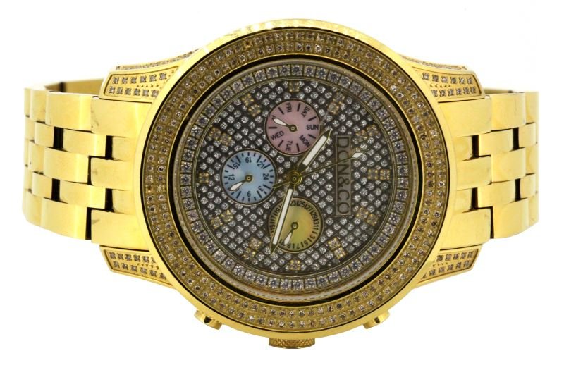 MENS DON & CO JO JO JR GOLD PLATE WATCH W/DIAMONDS: An amazing creation from the Don & Co collection. Featuring over 5 carats of diamonds. The watch features a solid and heavy #316 gold plated case and band. The entire case is flooded with genuine natu
