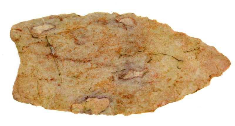 EARLY PALEO FT. PAYNE CHERT CLOVIS ARROWHEAD: Bifacial fluting, nicely crafted yellowish chert atypical to the formation, all indications of authenticity present, measures 2 7/8 inches. 0