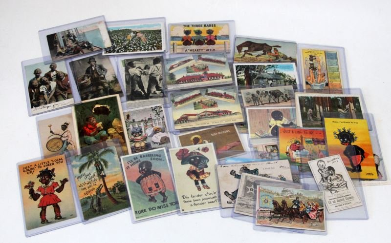 40 AFRICAN AMERICAN RELATED ANTIQUE POSTCARD LOT: Some duplication of the Coon Chicken Inn, no others, 35 are in plastic sleeves, advertising and racist themes to the early 20th century, large rare grouping. 0