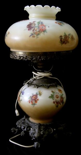 VINTAGE GONE WITH THE WIND HURRICANE LAMP FLORAL: Vintage "Gone With The Wind" hand-painted glass electrified lamp, two globes, floral motif. Stands 21 inches tall. Unmarked. Very good condition. 0
