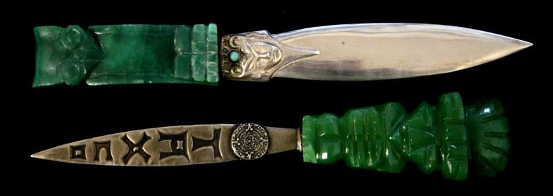 2 MEXICAN STERLING & SOAPSTONE LETTER OPENERS: Figural Mayan handles with sterling blades. 0