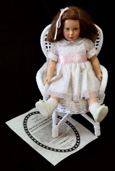 EFFANBEE DOLL COMPANY DEWEES COCHRAN'S SUSAN: This Effanbee Doll Company doll comes with the COA. This doll is called Susan Stormstrong. She is of the Dewees Cochran collection and is in near mint codition with the box and a small white chair. Su