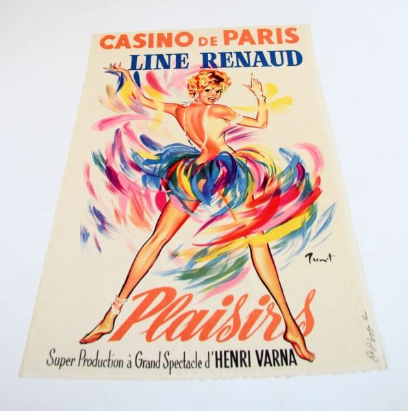 1960S CASINO DE PARIS POSTER LITHOGRAPH BY BRENOT: 1960's original Casino de Paris poster. The poster was designed and made by Pierre Brenot. This poster was for the performance "Line Renaud's Plaisirs", a production by Henri Varna. On the bottom righ