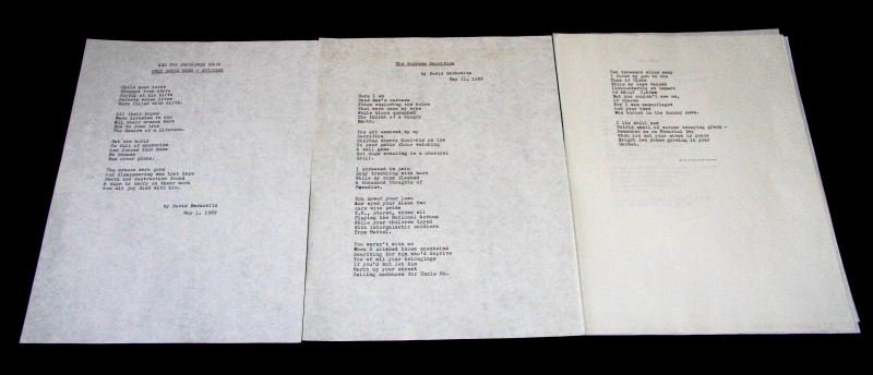 FOUR POEMS WRITTEN BY SERIAL KILLER SON OF SAM: Four poems written in prison by David Berkowitz (Son of Sam). Dated May 1, 1989 is "And the headlines read: Only child dies-Suicide" in 4 stanzas. Type signed and dated at bottom. Next is "The Supreme
