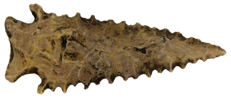 CORNER NOTCH HEAVY SERRATION KIRK ARROWHEAD: Interesting Archaic arrowhead measuring three inches, heavy serration's, well crafted unusual arrowhead, Alabama, Tennessee region. 0